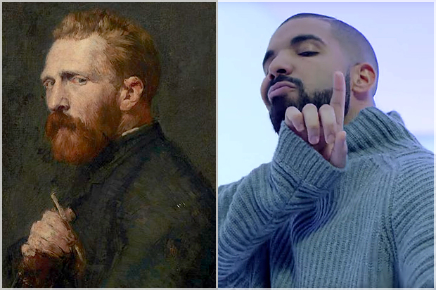 John Peter Russell's 1886 portrait of Vincent Van Gogh; Drake in his video "Hotline Bling" (Wikimedia/DrakeVEVO)
