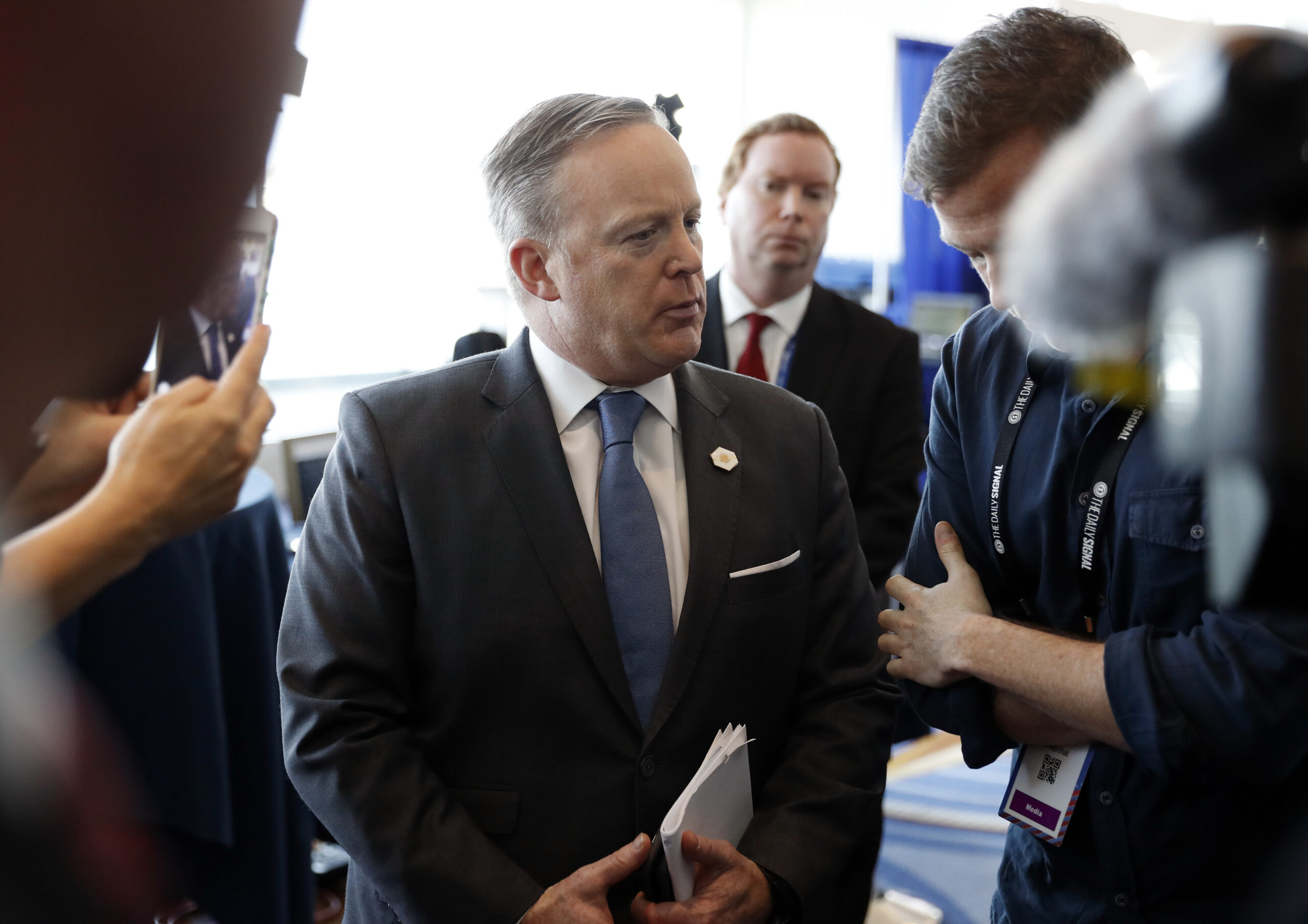 White House press secretary Sean Spicer does an interview at the Conservative Political Action Conference (CPAC), Friday, Feb. 24, 2017, in Oxon Hill, Md. (AP Photo/Alex Brandon) (AP)