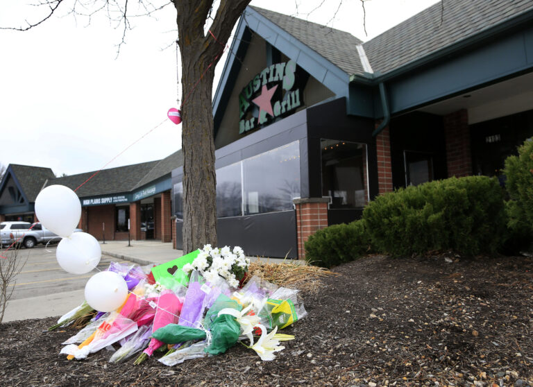 A small memorial for Srinivas Kuchibhotla is displayed outside Austins Bar and Grill in Olathe, Kan., Friday, Feb. 24, 2017. Kuchibhotla was shot and killed at the bar Wednesday, Feb. 22. (AP Photo/Orlin Wagner) (AP Photo/Orlin Wagner)
