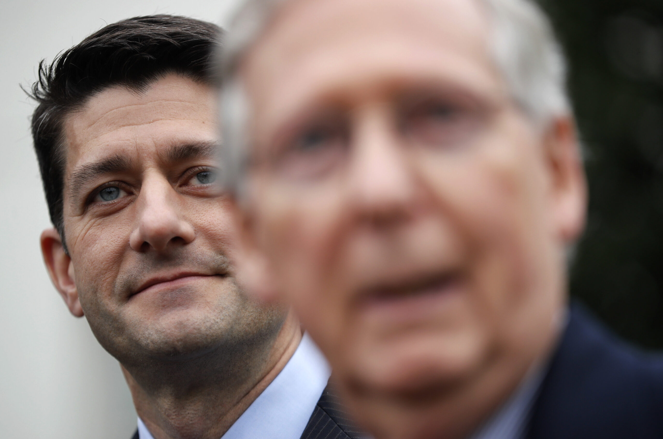 House Speaker Paul Ryan of Wis. listens at left as Senate Majority Leader Mitch McConnell of Ky. speaks to reporters outside the White House in Washington, Monday, Feb. 27, 2017, following their meeting with President Donald Trump inside. (AP Photo/Pablo Martinez Monsivais) (AP)