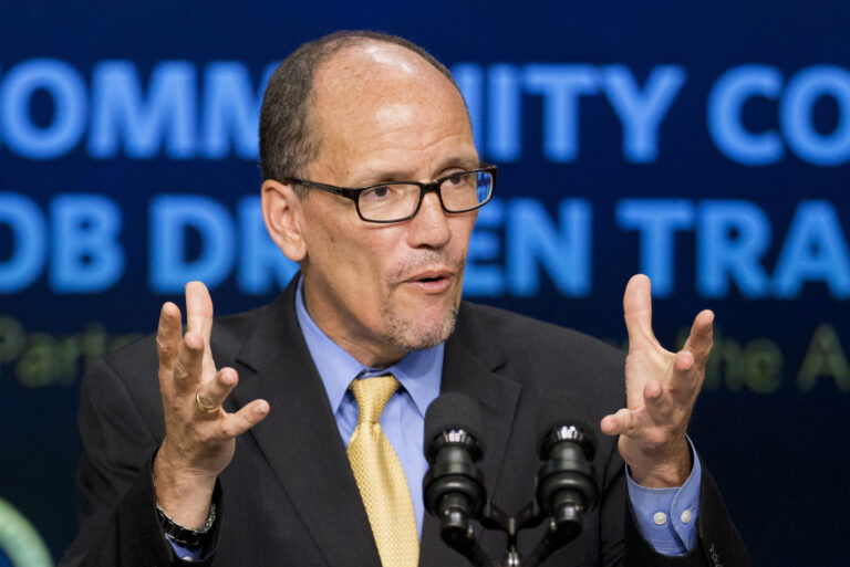 FILE - In this Sept. 29, 2014 file photo, then-Labor Secretary Tom Perez speaks in the South Court Auditorium in the White House compound in Washington. South Carolina Democratic Party chair Jaime Harrison is exiting the race for Democratic National Committee chairman and throwing his support to Perez, solidifying the former Labor Secretary’s place as the front-runner in the still-volatile contest. (AP Photo/Manuel Balce Ceneta, File) (AP)