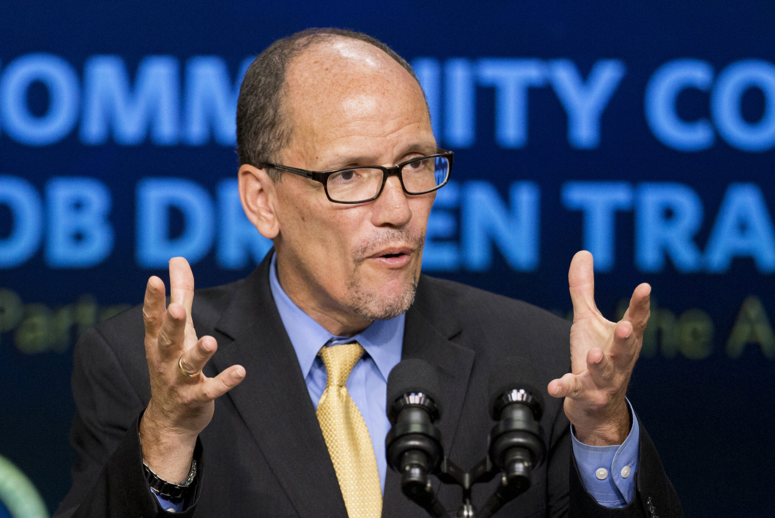 FILE - In this Sept. 29, 2014 file photo, then-Labor Secretary Tom Perez speaks in the South Court Auditorium in the White House compound in Washington. South Carolina Democratic Party chair Jaime Harrison is exiting the race for Democratic National Committee chairman and throwing his support to Perez, solidifying the former Labor Secretary’s place as the front-runner in the still-volatile contest. (AP Photo/Manuel Balce Ceneta, File) (AP)
