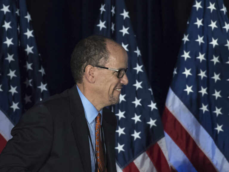 Former Labor Secretary Tom Perez, who is a candidate to run the Democratic National Committee, before speaking during the general session of the DNC winter meeting in Atlanta, Saturday, Feb. 25, 2017. (AP Photo/Branden Camp) (AP)