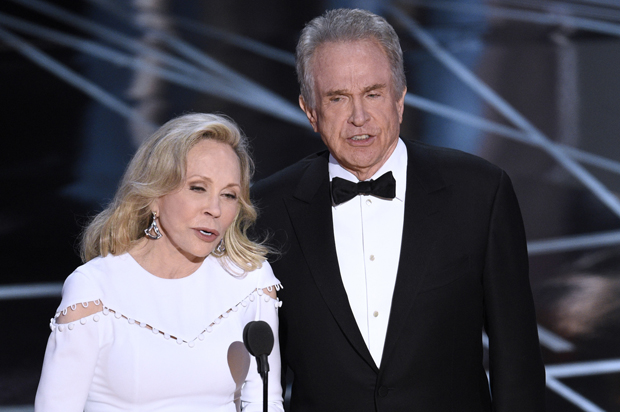 Faye Dunaway and Warren Beatty present the award for best picture at the Oscars on Sunday, Feb. 26, 2017, at the Dolby Theatre in Los Angeles. (AP/Chris Pizzello)