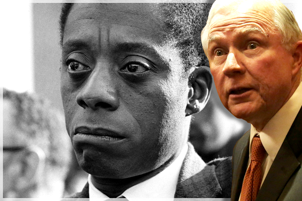 Jeff Sessions; James Baldwin in "I Am Not Your Negro" (Getty/Alex Wong/Magnolia Pictures)