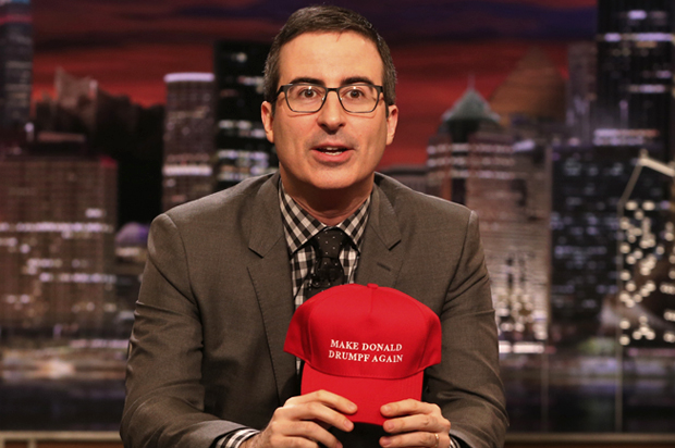 John Oliver with a "Make Donald Drumpf Again" cap (HBO/Eric Liebowitz)