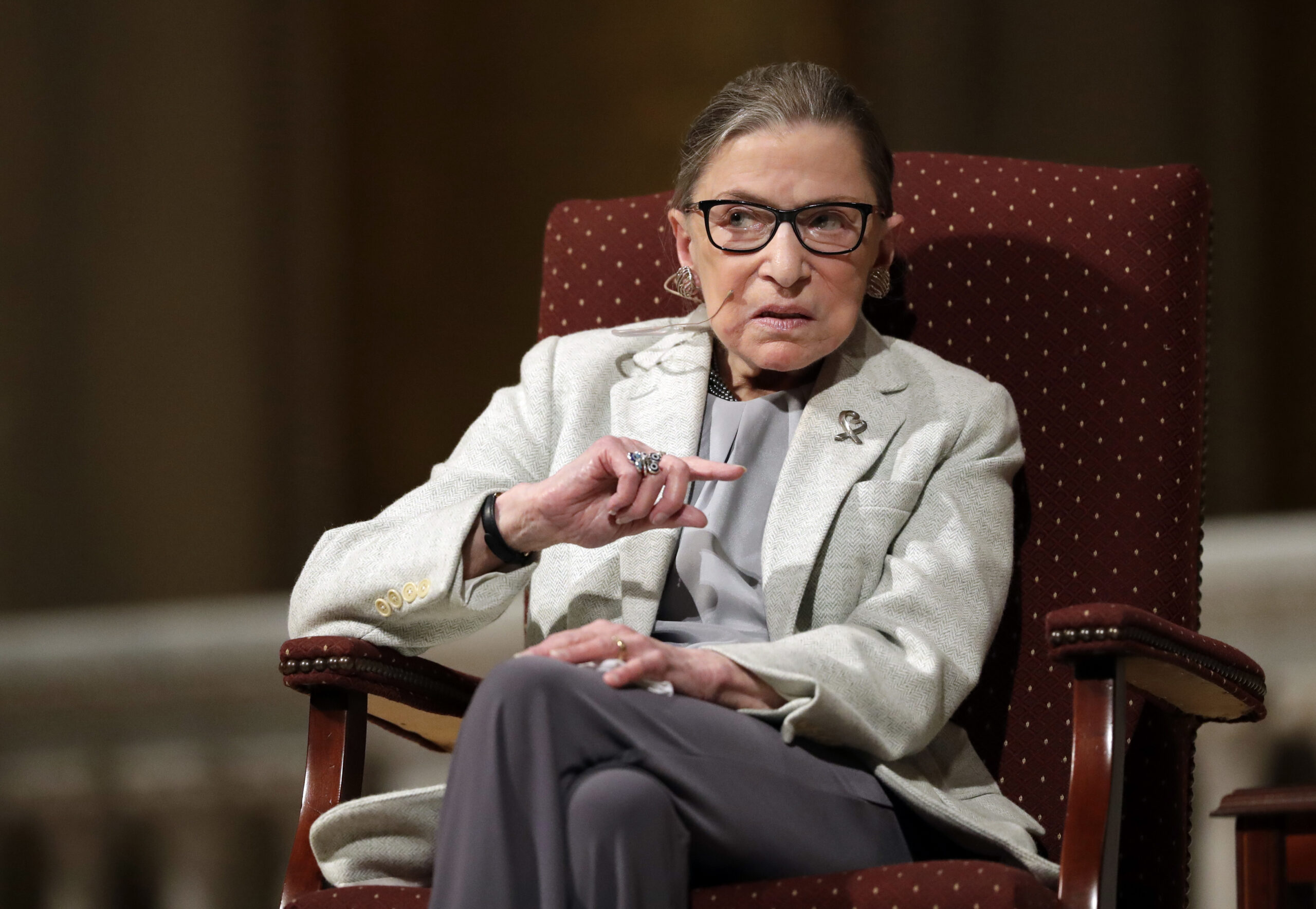 U.S. Supreme Court Justice Ruth Bader Ginsburg speaks during a visit to Stanford University, Monday, Feb. 6, 2017, in Stanford, Calif. (AP Photo/Marcio Jose Sanchez) (AP)