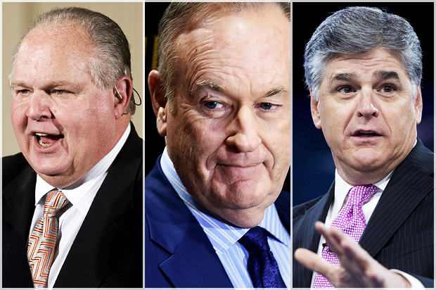 Rush Limbaugh; Bill O'Reilly; Sean Hannity (Getty/Ilya S. Savenok/AP/J. Scott Applewhite/Getty/Saul Loeb)