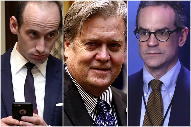 Stephen Miller; Steve Bannon; Michael Anton (Reuters/Carlos Barria/Getty/Chip Somodevilla/AP/Carolyn Kaster)