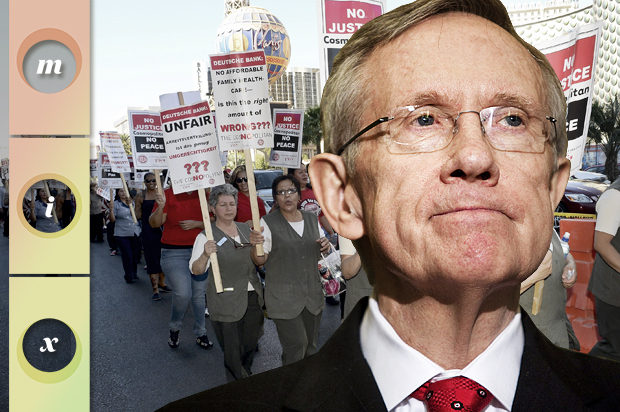 Harry Reid; Union workers picketing on the Las Vegas Strip, June 14, 2013. (Getty/Brendan Smialowski/Ethan Miller/Photo montage by Salon)
