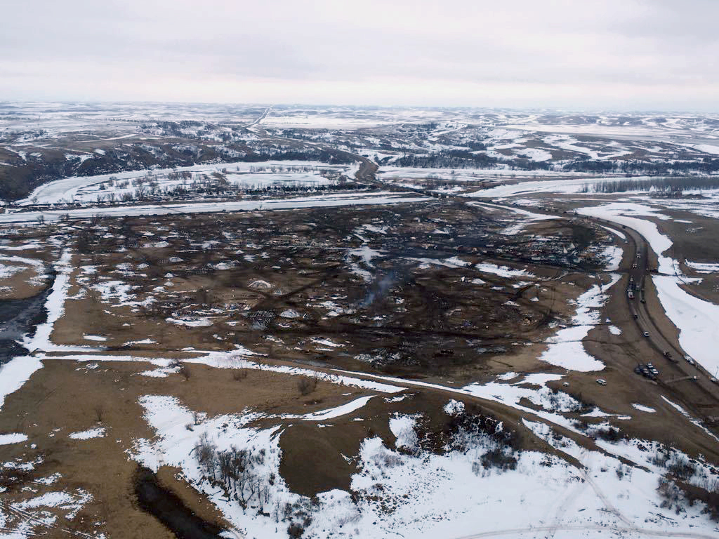 This aerial photo provided the Morton County Sheriff Department shows the closed Dakota Access pipeline protest camp near Cannon Ball, N.D., Thursday, Feb. 23, 2017.  Authorities on Thursday cleared the camp where opponents of the pipeline had gathered for the better part of a year, searching tents and huts and arresting dozens of holdouts who had defied a government order to leave. (Morton County Sheriff Department via AP) (AP)