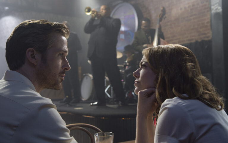 This image released by Lionsgate shows Ryan Gosling, left, and Emma Stone in a scene from, "La La Land."  The film was nominated for an Oscar for best feature film. The 89th Academy Awards will take place on Feb. 26.  (Dale Robinette/Lionsgate via AP) (AP)