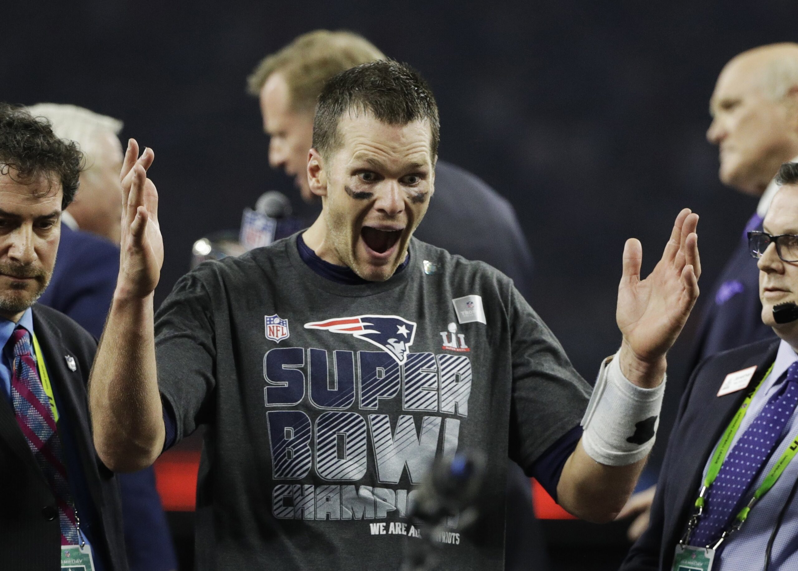 New England Patriots' Tom Brady reacts after winning the NFL Super Bowl 51 football game against the Atlanta Falcons, Sunday, Feb. 5, 2017, in Houston. (AP Photo/Jae C. Hong) (AP)