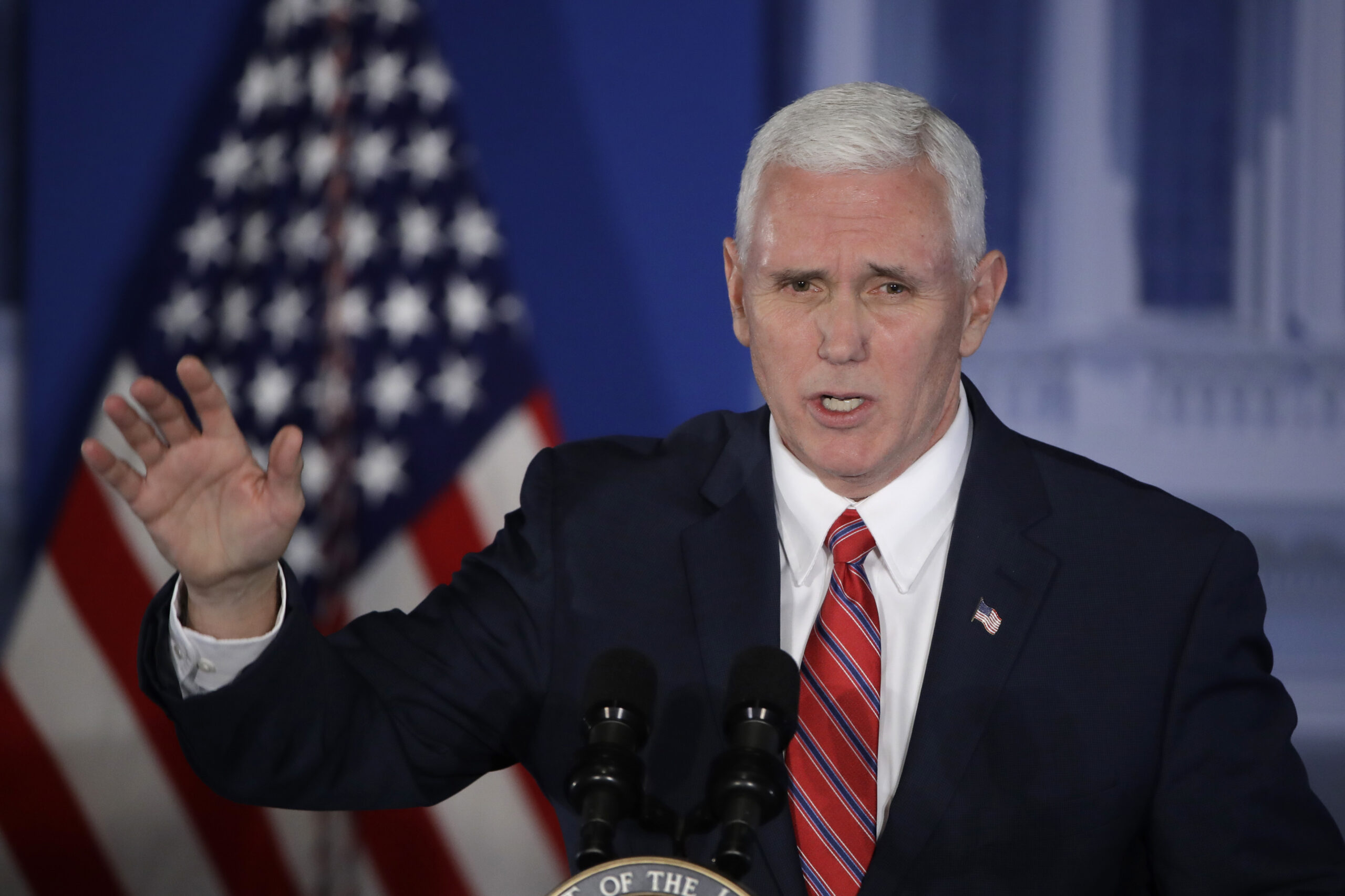 FILE - In this Jan. 26, 2017, file photo, Vice President Mike Pence speaks at the Republican congressional retreat in Philadelphia.  Pence is making his debut on the world stage with a trip to Germany and Belgium designed to reassure European and Mideast partners about U.S. foreign policy. (AP Photo/Matt Rourke, File) (AP)