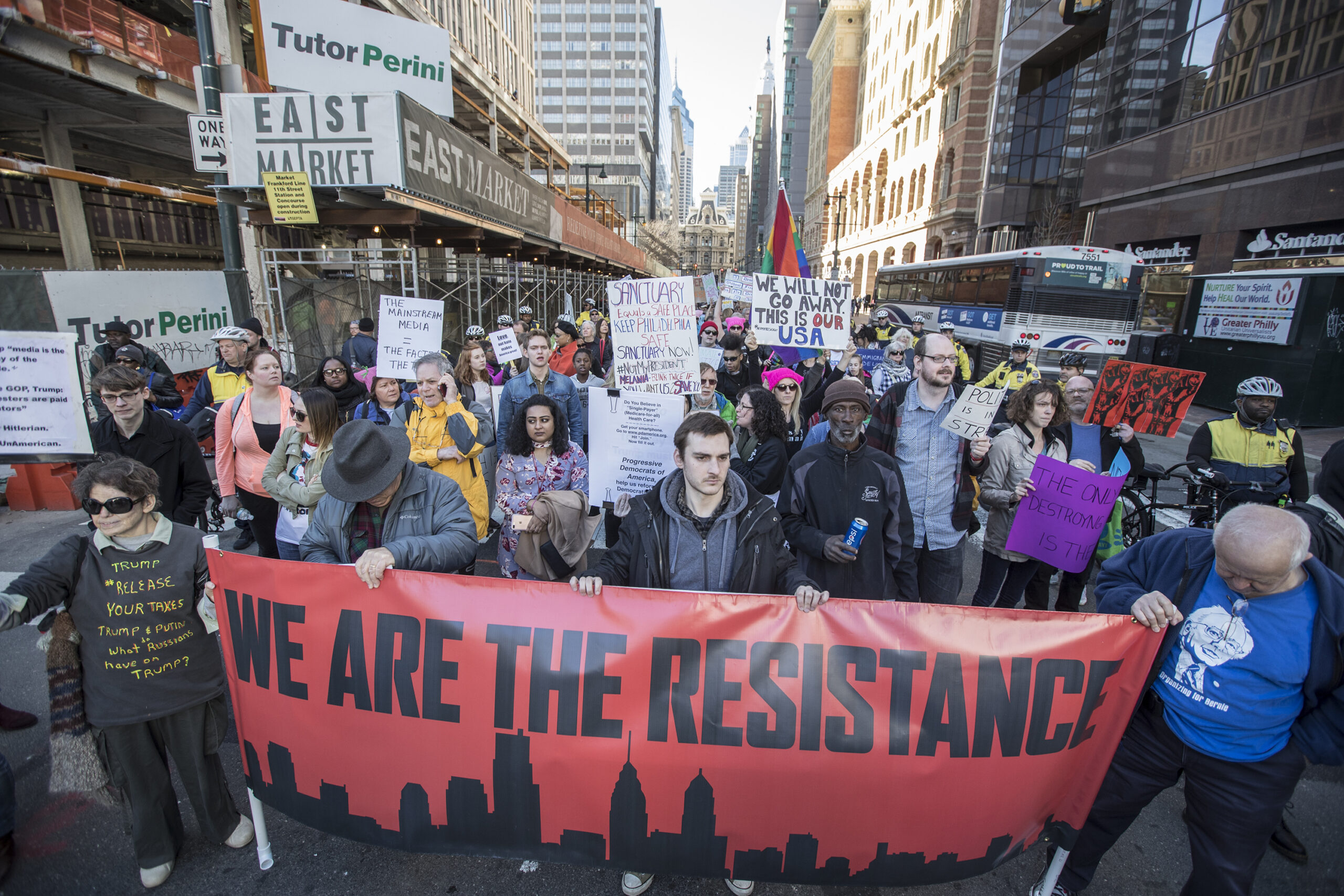 People march during a protest Monday, Feb. 20, 2017, in Philadelphia. Thousands of demonstrators turned out Monday across the U.S. to challenge Donald Trump in a Presidents Day protest dubbed Not My President's Day. (Michael Bryant/The Philadelphia Inquirer via AP) (AP)