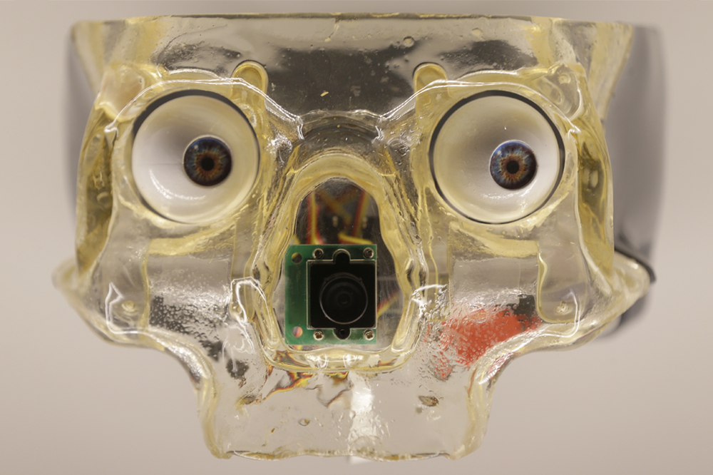 Artwork by Canadian Louis-Philippe Demers, which shows an artificial skull with robotic eyes which follows the motion of a visitor, during a press preview for the Robots exhibition held at the Science Museum in London, Tuesday, Feb. 7, 2017. The exhibition which shows 500 years of mechanical and robotic advances is open to the public form Feb. 8 through to Sept. 3. (AP Photo/Alastair Grant) (AP)