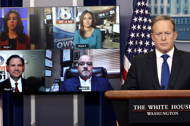 White House Press Secretary Sean Spicer answers questions from reporters via Skype (Getty/Win McNamee)