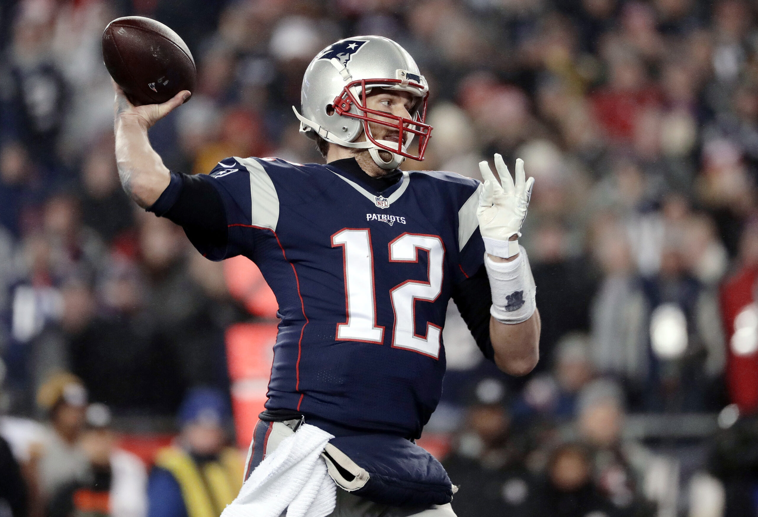 FILE- In this Sunday, Jan. 22, 2017, file photo, New England Patriots quarterback Tom Brady throws a touchdown pass to wide receiver Julian Edelman during the second half of the AFC championship NFL football game against the Pittsburgh Steelers in Foxborough, Mass. The Atlanta Falcons and Patriots certainly are seeking the NFL crown on Sunday in Super Bowl 51.(AP Photo/Matt Slocum, File) (AP)