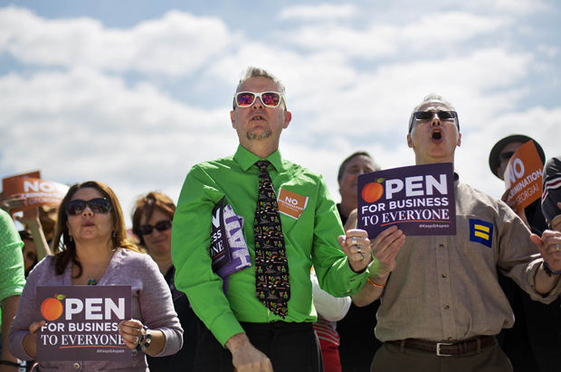 Protesters at a rally against a contentious "religious freedom" bill, Tuesday, March 17, 2015, in Atlanta. (AP/David Goldman)