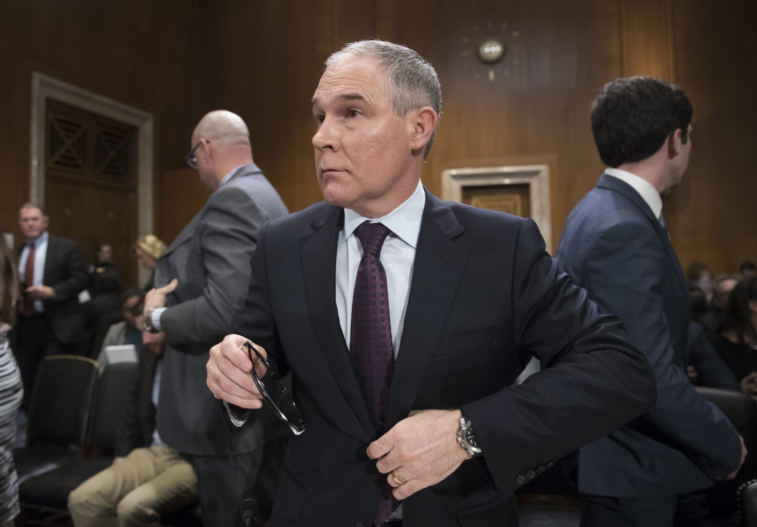 FILE - In this Jan. 18, 2017 file photo, Environmental Protection Agency Administrator-designate, Oklahoma Attorney General Scott Pruitt  is seen on Capitol Hill in Washington at his confirmation hearing before the Senate Environment and Public Works Committee. The Republican-controlled Senate is poised to confirm Pruitt on Thursday, Feb. 16, 2017. (AP Photo/J. Scott Applewhite, File) (AP)
