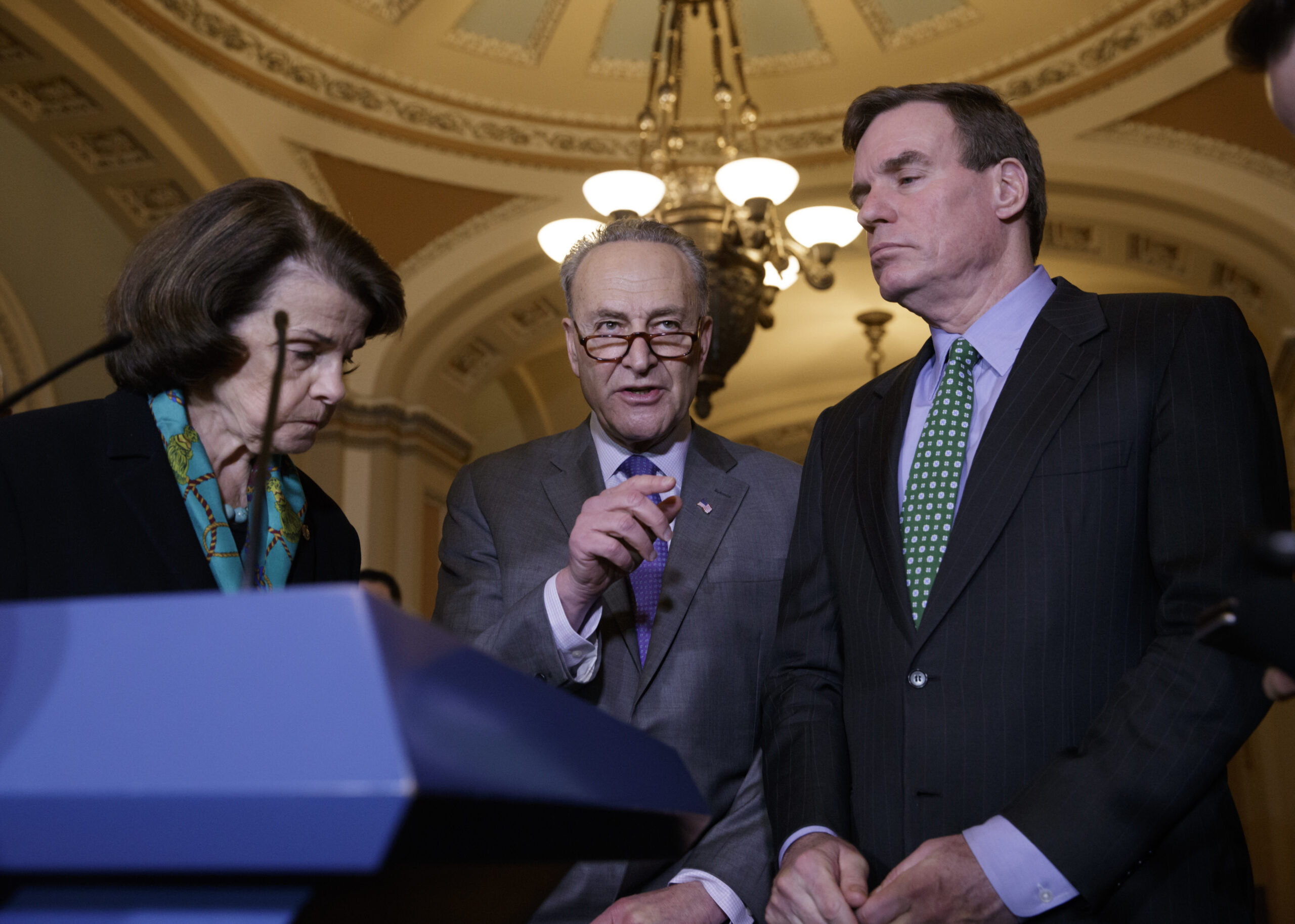 Senate Minority Leader Chuck Schumer of N.Y, center, joined by Sen. Dianne Feinstein, D-Calif., the ranking member of the Senate Judiciary Committee, left, and Sen. Mark Warner, D-Va., vice chair of the Intelligence Committee, right, calls for an investigation into President Donald Trump's administration over its relationship with Russia, including when Trump learned that his national security adviser, Michael Flynn, had discussed U.S. sanctions with a Russian diplomat, Wednesday, Feb. 15, 2016, during a news conference on Capitol Hill in Washington. (AP Photo/J. Scott Applewhite) (AP)