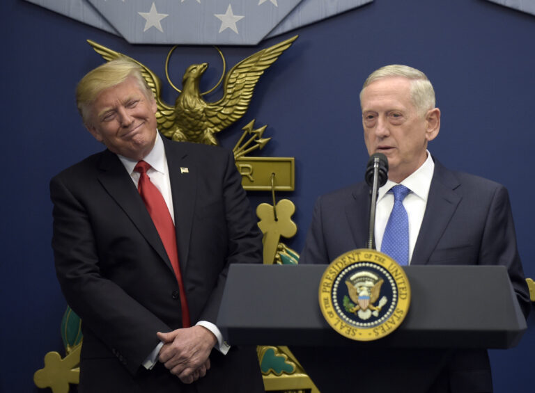 In this Jan. 27, 2017 photo, President Donald Trump, left, listens as Defense Secretary James Mattis, right, speaks at the Pentagon in Washington. With Republicans in charge of Congress, President Donald Trump’s pledge to boost the Pentagon’s budget by tens of billions of dollars should be a sure bet. It’s not.  (AP Photo/Susan Walsh) (AP Photo/Susan Walsh)