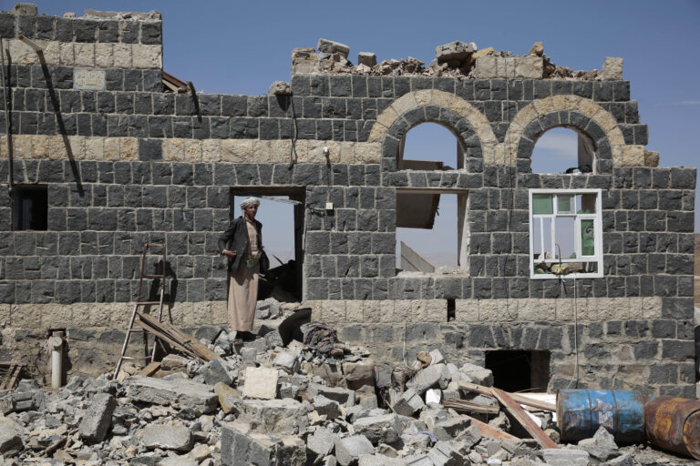 A man stands on the rubble of a house destroyed by a Saudi-led airstrike in the outskirts of Sanaa, Yemen, Thursday, Feb. 16, 2017. At least one Saudi-led airstrike near Yemen's rebel-held capital killed at least five people on Wednesday, the country's Houthi rebels and medical officials said. (AP Photo/Hani Mohammed) (AP)