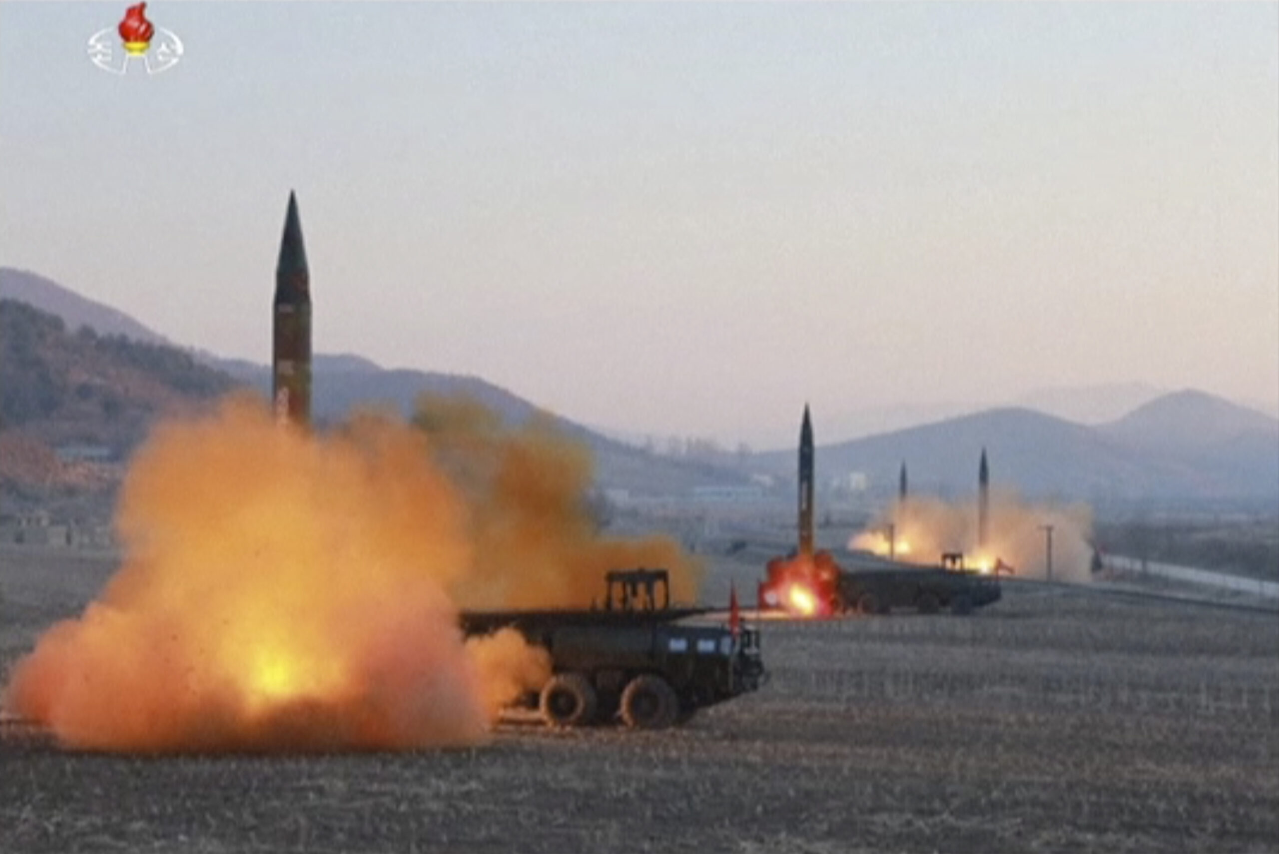 In this image made from video released by KRT on Tuesday, March 7, 2017, North Korea launches four missiles in an undisclosed location North Korea. (KRT via AP Video)