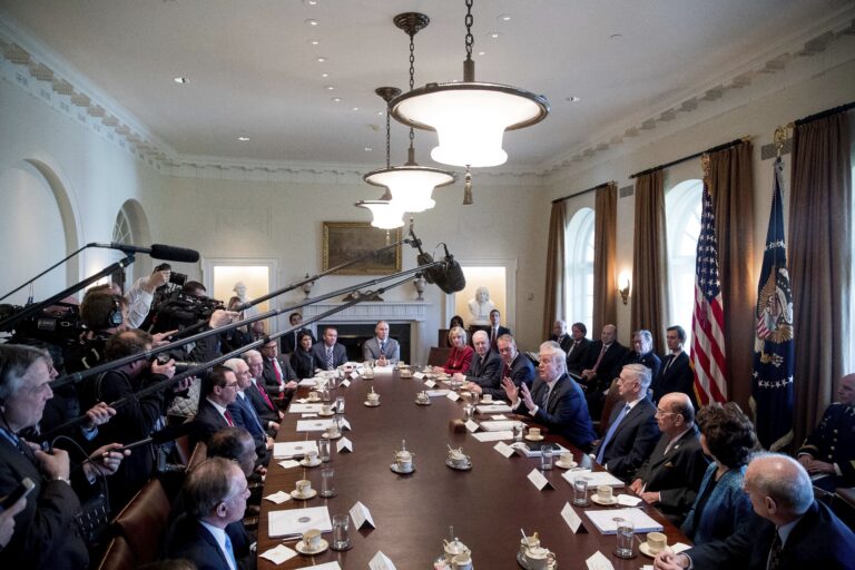 President Donald Trump speaks during a meeting with his Cabinet in the Cabinet Room of the White House in Washington, Monday, March 13, 2017. Clockwise, from lower left are, Veterans Affairs Secretary David Shulkin, Housing and Urban Development Secretary Ben Carson, Treasury Secretary Steve Mnuchin, Vice President Mike Pence, Attorney General Jeff Sessions, Energy Secretary Rick Perry, UN Ambassador Nikki Haley, Budget Director Mick Mulvaney, EPA Administrator Scott Pruitt, Education Secretary Betsy DeVos, Health and Human Services Secretary Tom Price, Interior Secretary Ryan Zinke, Secretary of State Rex Tillerson, the president, Defense Secretary Jim Mattis, Commerce Secretary Wilbur Ross, Transportation Secretary Elaine Chao and Homeland Security Secretary John Kelly.    (AP Photo/Andrew Harnik) (AP)