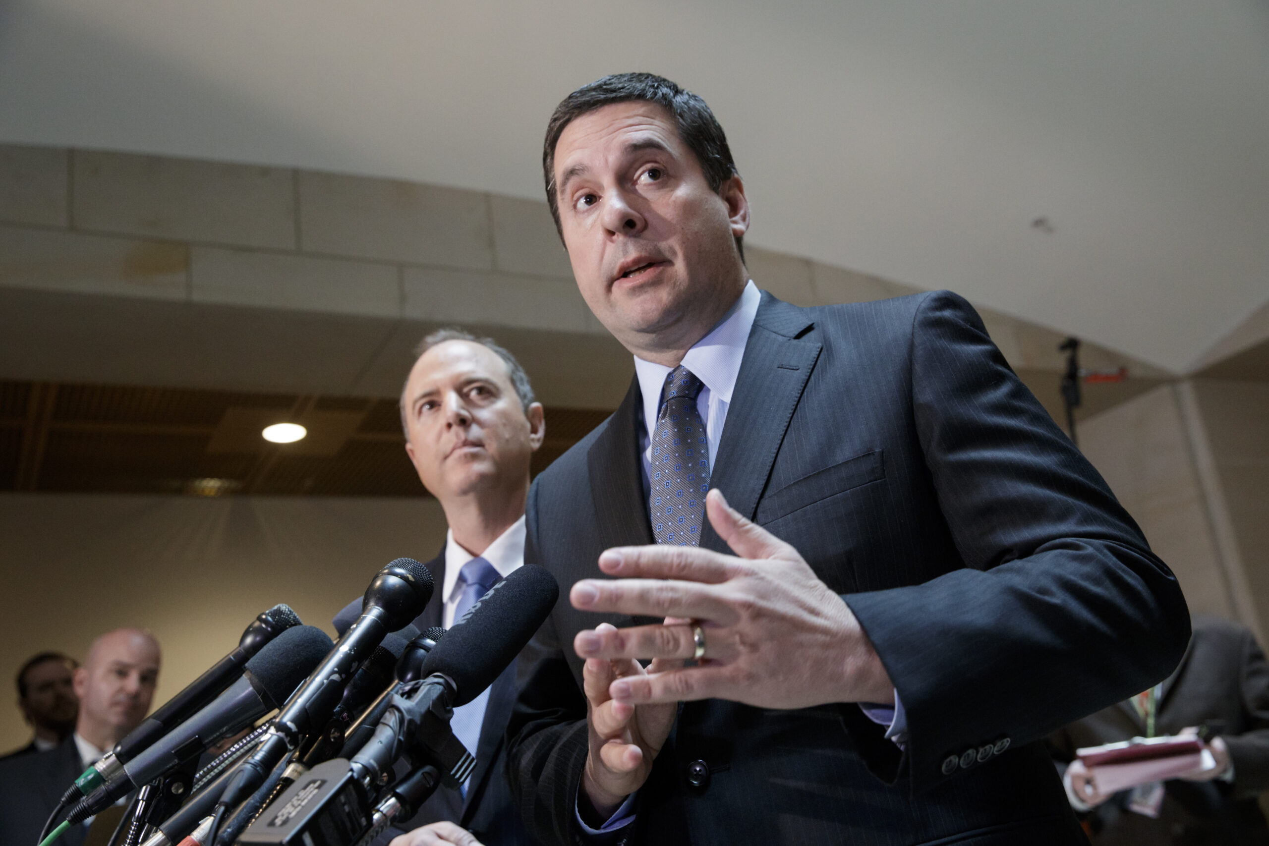 House Intelligence Committee Chairman Rep. Devin Nunes, R-Calif., right, accompanied by the committee's ranking member, Rep. Adam Schiff, D-Calif., talks to reporters, on Capitol Hill in Washington, Wednesday, March, 15, 2017, about their investigation of Russian influence on the American presidential election. Both lawmakers said they have no evidence to back up President Trump's claim that former President Barack Obama wiretapped Trump Plaza during the 2016 campaign. (AP Photo/J. Scott Applewhite) (AP)