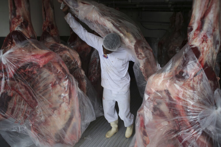 A man delivers sides of beaf to meat to a butcher shop in Brasilia, Brazil, Monday, March 20, 2017. The European Union's spokesman in Brazil says the union is temporarily halting some imports of Brazilian meat amid an investigation into a massive scheme of meat adulteration, which involved some of the country's largest producers. (AP Photo/Eraldo Peres) (AP)