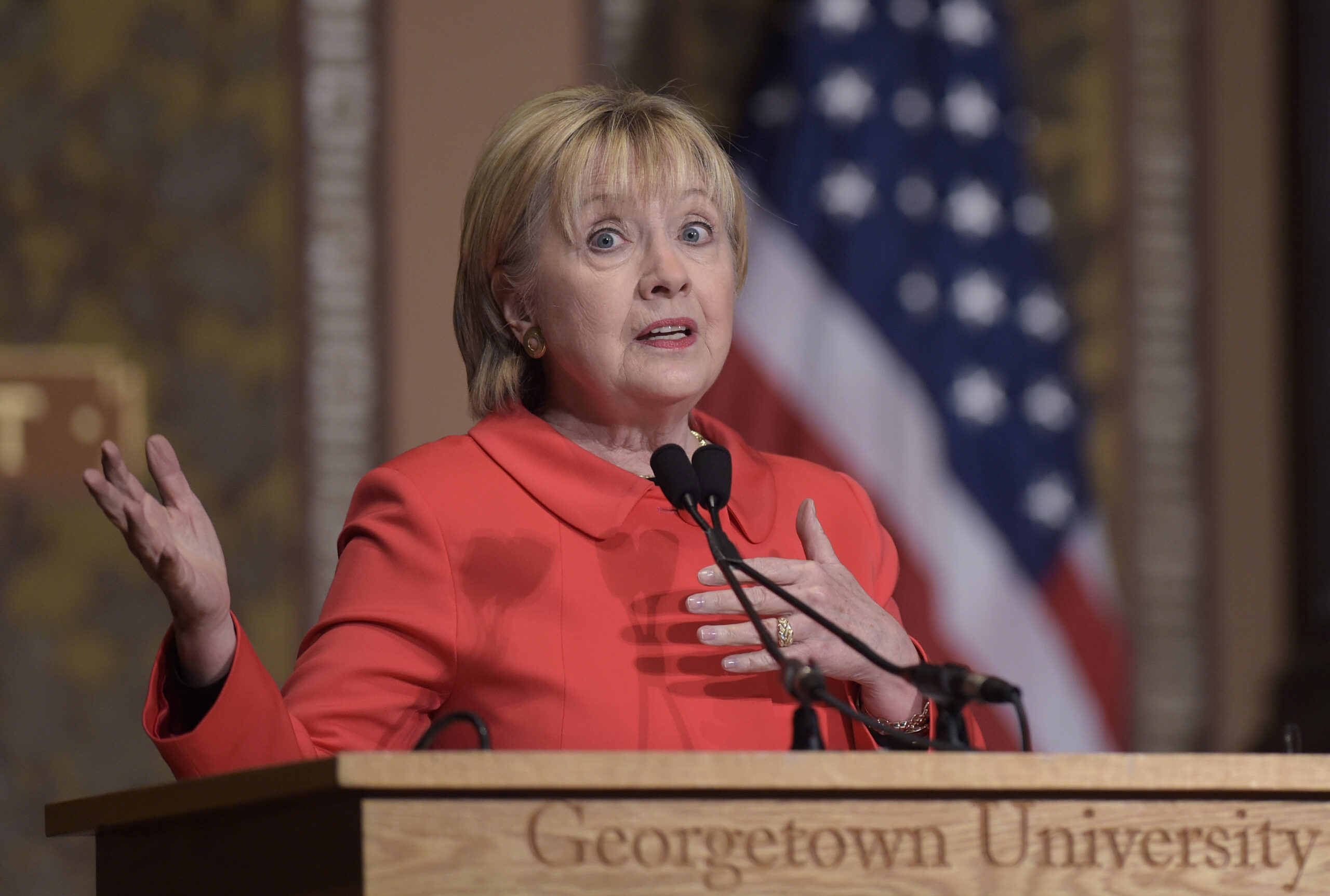 Former Secretary of State Hillary Clinton speaks at Georgetown University in Washington, Friday, March 31, 2017, on the important role that women can play in international politics and peace building efforts. () (AP Photo/Susan Walsh)