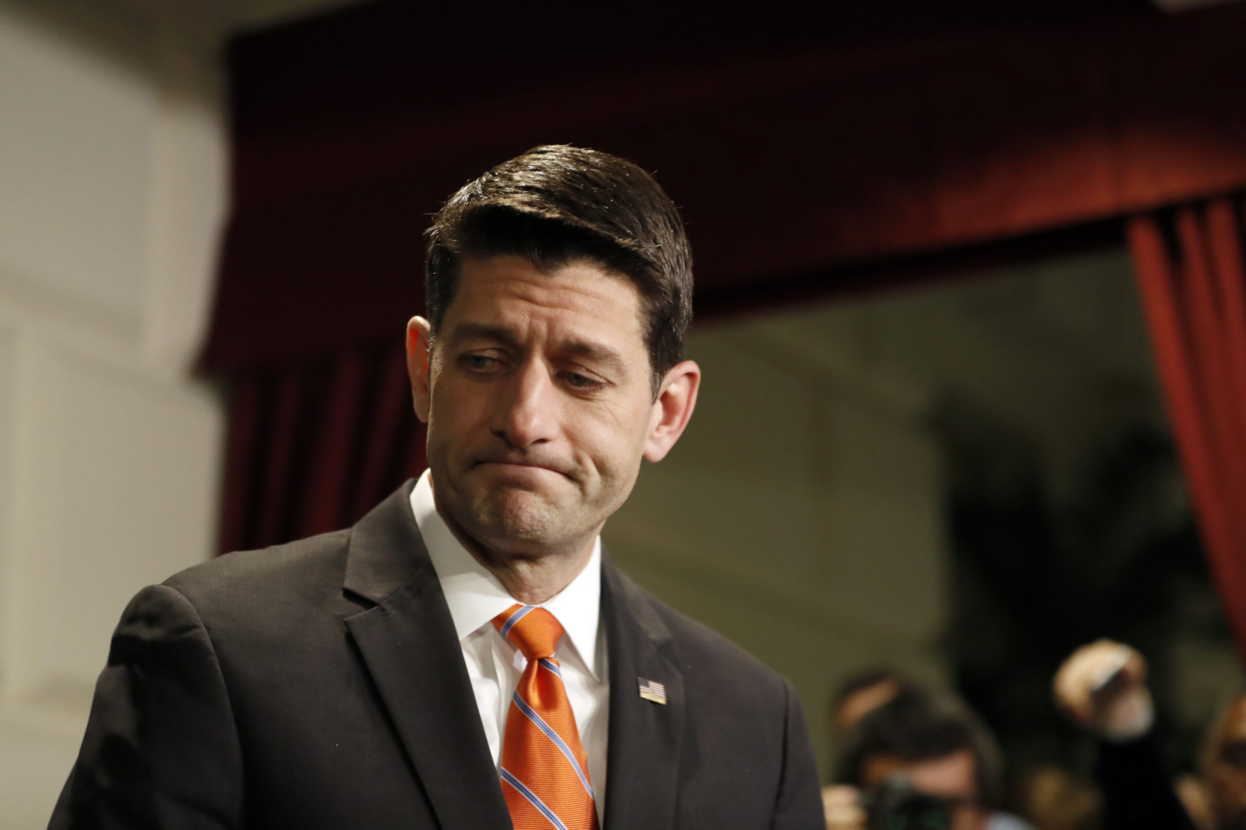 House Speaker Paul Ryan of Wis., departs after speaking to the media after a Republican caucus meeting on Capitol Hill, Thursday, March 23, 2017, in Washington. (AP Photo/Alex Brandon) (AP)