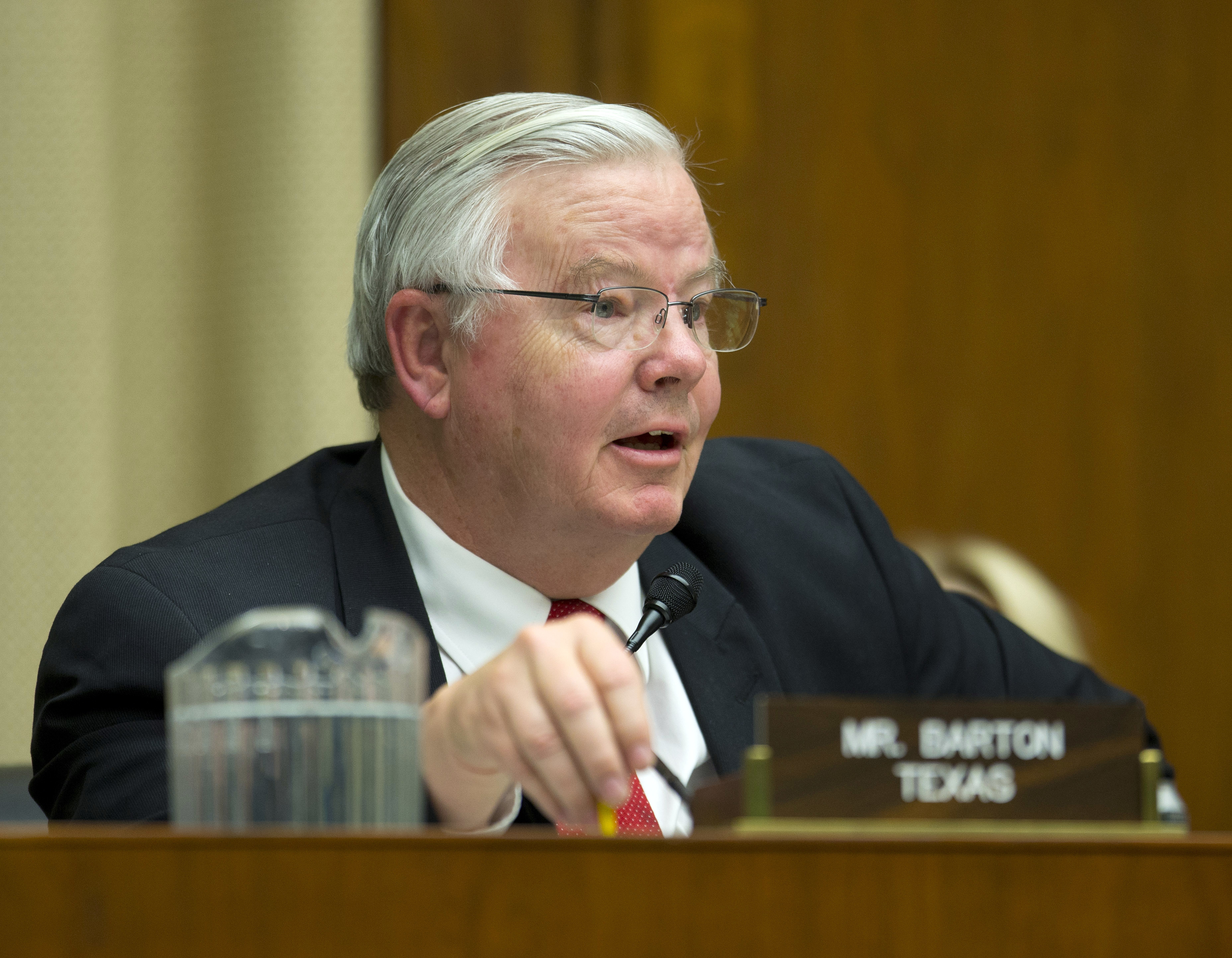 FILE - In this April 1, 2014, file photo, Rep. Joe Barton, R-Texas, questions David Friedman, the acting head of the National Highway Traffic Safety Administration, during his testimony on Capitol Hill in Washington before the House Energy and Commerce subcommittee on Oversight and Investigation. Barton told a constituent to "shut up" during a town hall meeting in his home district Saturday, March 11, 2017. (AP Photo/Evan Vucci, File) (AP)