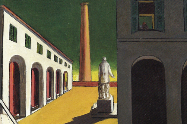 A detail of "Piazza d'Italia Com Uomo Politico" by Giorgio de Cirico (Galleria d'Arte Maggiore)