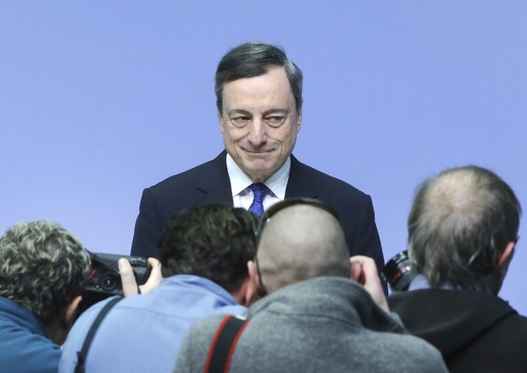 President of the European Central Bank Mario Draghi poses for photographers prior to a news conference in Frankfurt, Germany, Thursday, March 9, 2017, following a meeting of the ECB governing council. (AP Photo/Michael Probst) (AP)