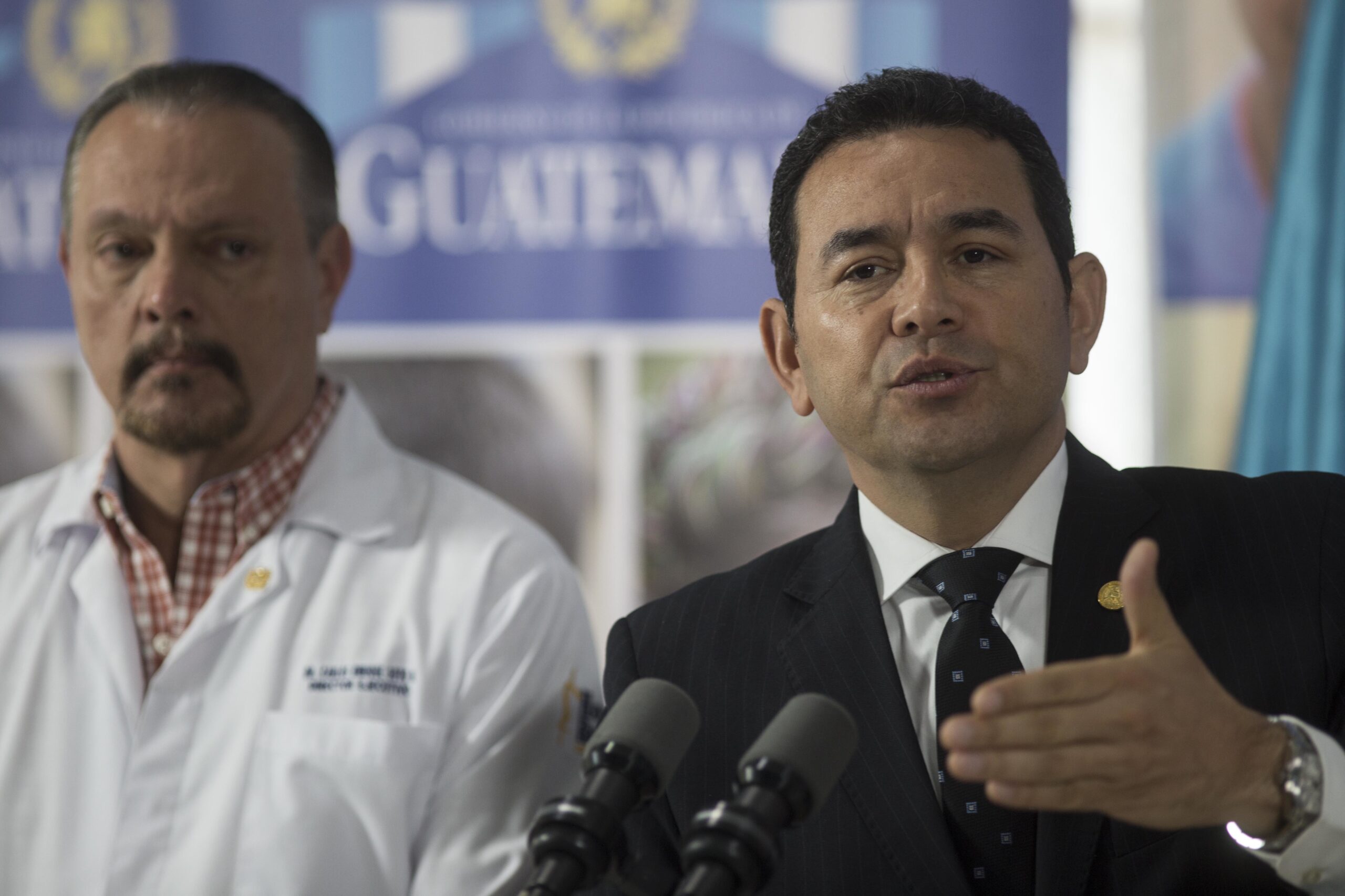Guatemala's President Jimmy Morales speaks during a news conference in the lobby of the Roosevelt Hospital following a visit with family and victims of the youth shelter fire, in Guatemala City, Friday, March 10, 2017. (AP Photo/Luis Soto) (AP)
