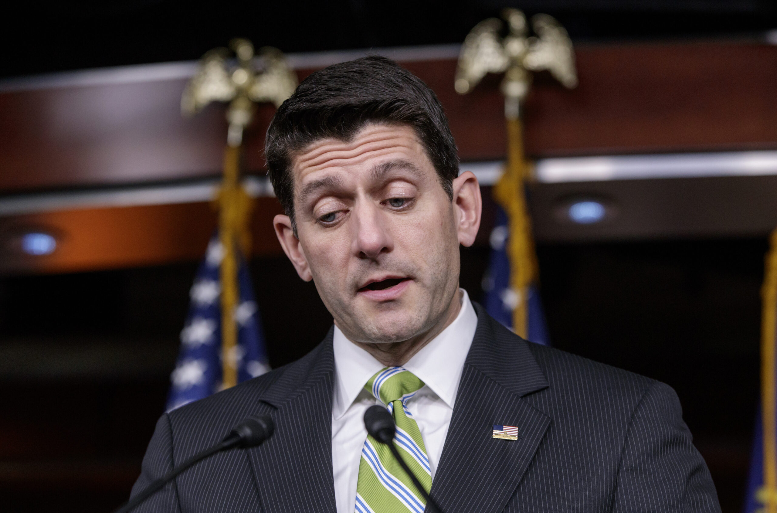 In this March 24, 2017, photo, House Speaker Paul Ryan, R-Wis., announces that he is abruptly pulling the troubled Republican health care overhaul bill off the House floor, short of votes and eager to avoid a humiliating defeat for President Donald Trump and GOP leaders, at the Capitol in Washington. Trump wants to tackle tax reform, but the loss on health care deals a blow to that effort. The loss on health care deprives Republicans of $1 trillion in tax cuts, and the GOP is just as divided on what steps to take. (AP Photo/J. Scott Applewhite) (AP)