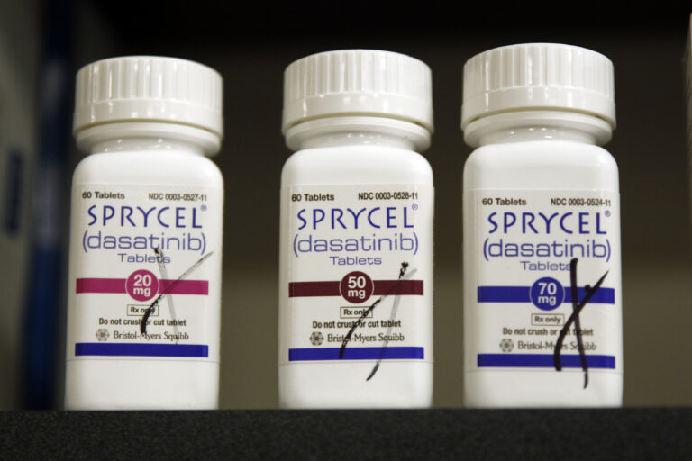 In this photo taken Friday, Feb. 24, 2017, in Wauwatosa, Wisconsin the drug Sprycel sits on a shelf at the Froedtert — the Medical College of Wisconsin Clinical Cancer Center Pharmacy. It's a drug used to treat chronic myelogenous leukemia, or CML. (AP Photo/Carrie Antlfinger) (AP)