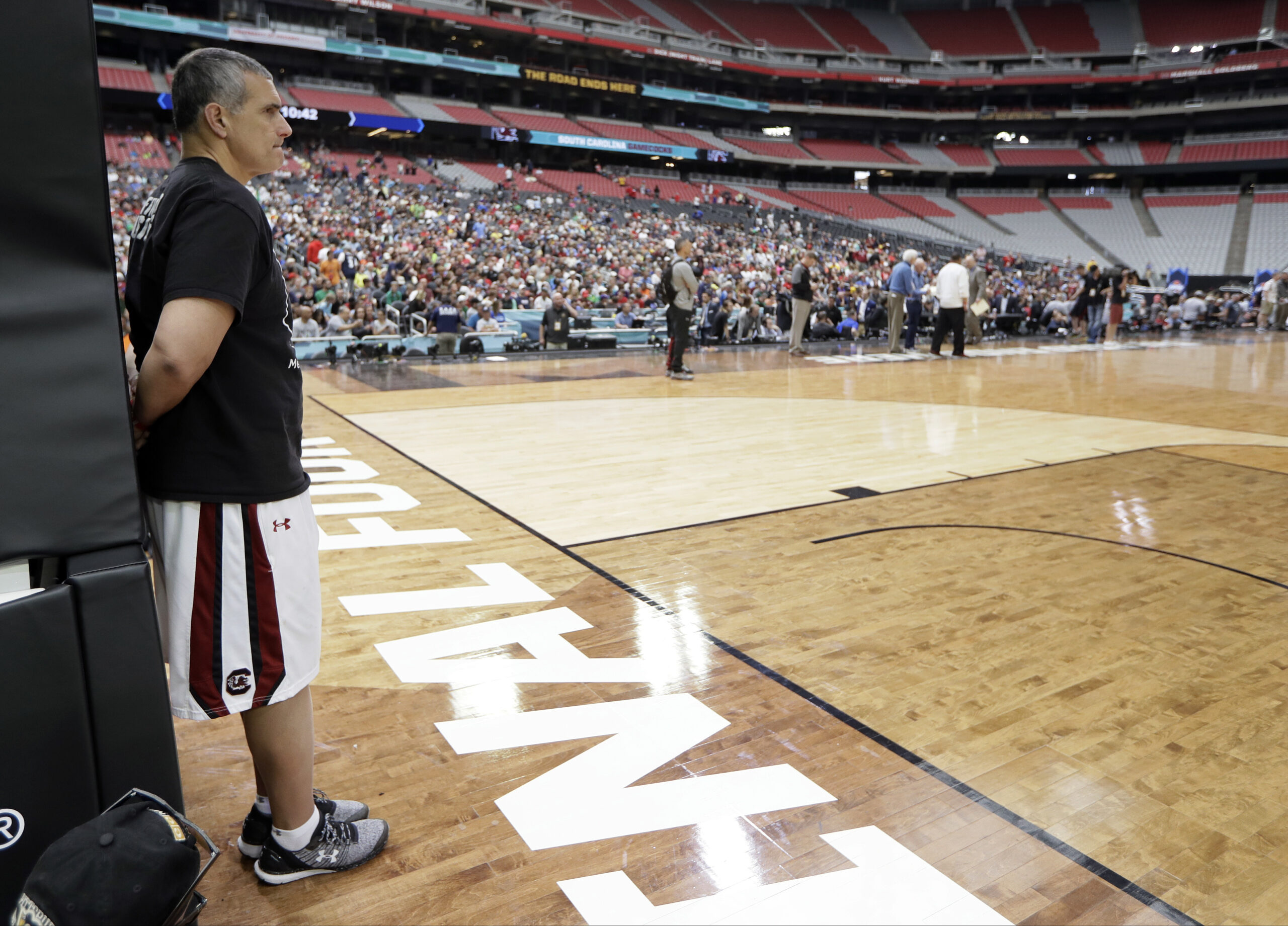 South Carolina head coach Frank Martin watches during a practice session for their NCAA Final Four tournament college basketball semifinal game Friday, March 31, 2017, in Glendale, Ariz. (AP Photo/Mark Humphrey) (AP)