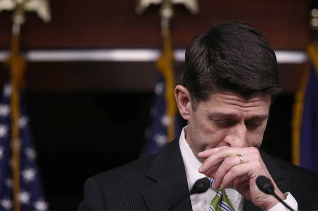 WASHINGTON, DC - MARCH 24:  U.S. Speaker of the House Paul Ryan delivers remarks at a press conference at the U.S. Capitol after President Trump's healthcare bill was pulled from the floor of the House of Representatives March 24, 2017 in Washington, DC. In a big setback to the agenda of President Donald Trump and the Speaker, Ryan cancelled a vote for the American Health Care Act, the GOP plan to repeal and replace the Affordable Care Act, also called 'Obamacare.' (Photo by Win McNamee/Getty Images) (Getty/Win McNamee)
