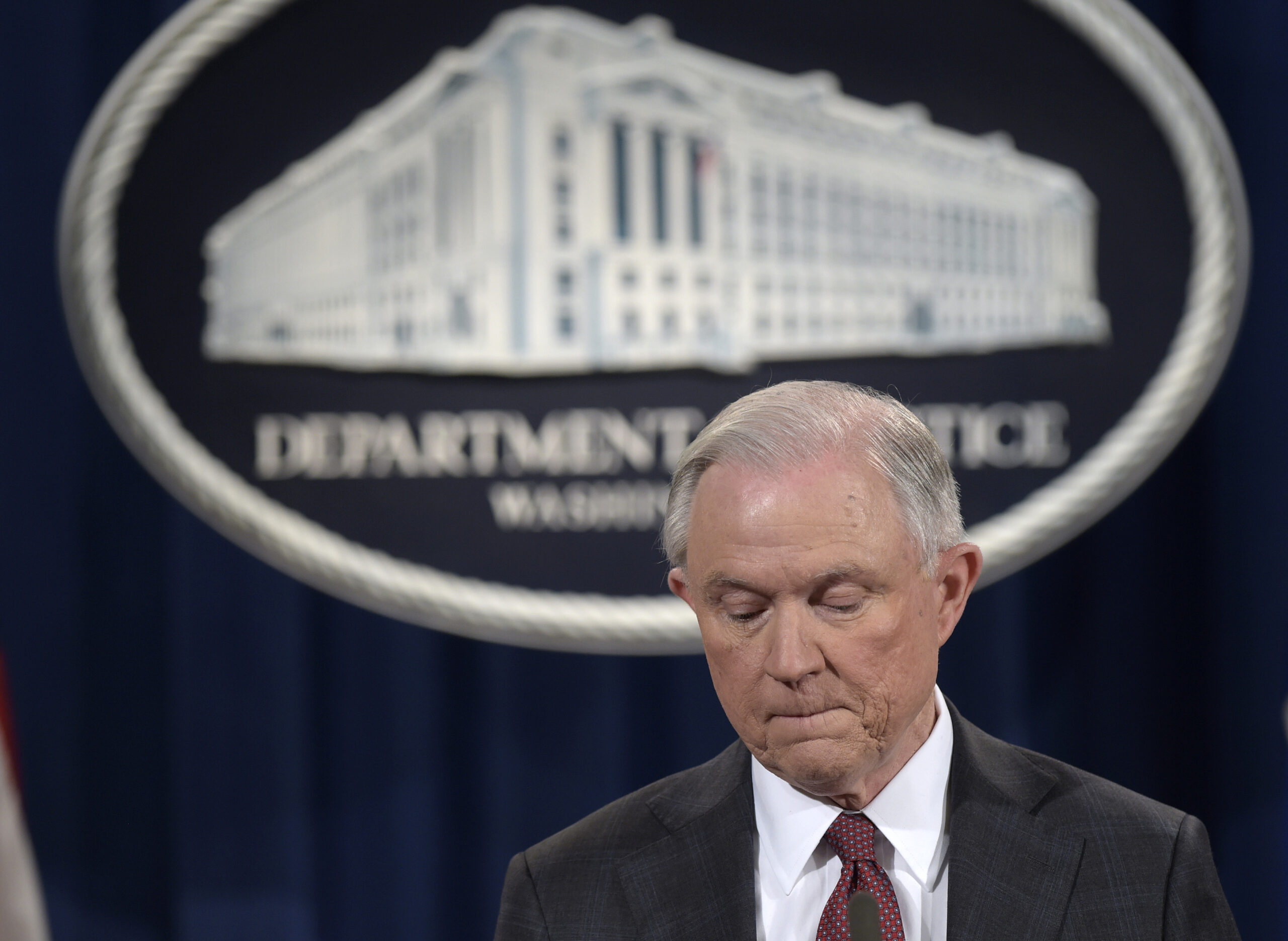FILE - In this March 2, 2017 file photo, Attorney General Jeff Sessions pauses during a news conference at the Justice Department in Washington where he said he will recuse himself from a federal investigation into Russian interference in the 2016 White House election. (AP Photo/Susan Walsh, File)