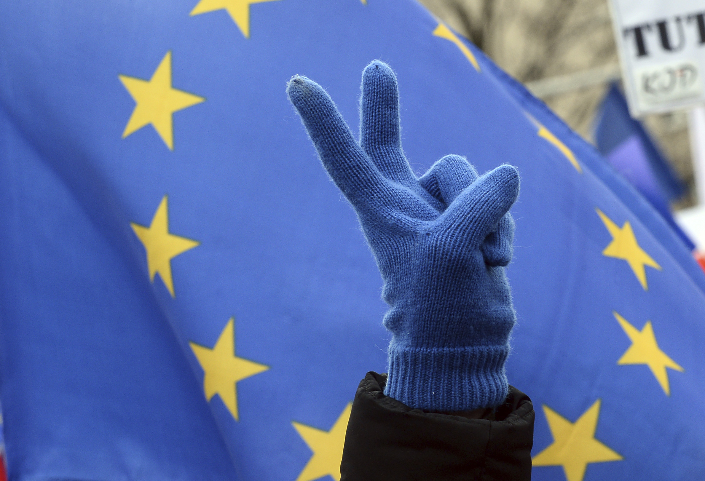 A European Union supporter shows a victory sign, with the EU flag behind as thousands march through the downtown in a show of support for the union in Warsaw, Poland, Saturday, March 25, 2017, as leaders in Rome mark the 60th anniversary of its founding treaty The rally which is being held under the slogan "I Love You, Europe," also comes as an expression of disapproval for the country's nationalist government. (AP Photo/Alik Keplicz) (AP)