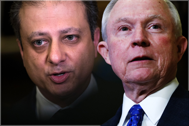 Jeff Sessions; Preet Bharara (AP/Carolyn Kaster/Getty/Drew Angerer)