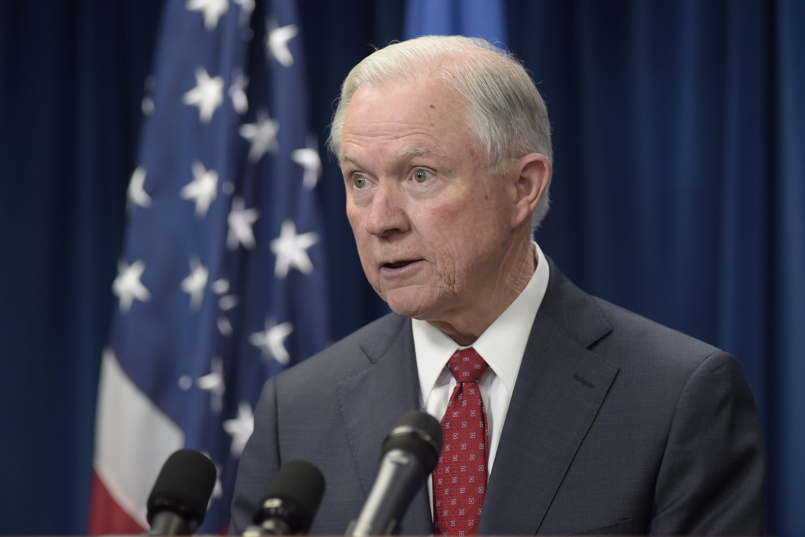 FILE - In this March 6, 2017 file photo, Attorney General Jeff Sessions speaks in Washington. Christopher Anders, an attorney with the American Civil Liberties Union has filed a complaint against Sessions with the Alabama State Bar over his testimony during his Senate confirmation process regarding contact he had with Russia. (AP Photo/Susan Walsh, File) (AP)