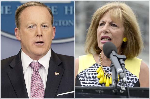 Sean Spicer; Jackie Speier (AP/Andrew Harnik/Getty/Leigh Vogel)