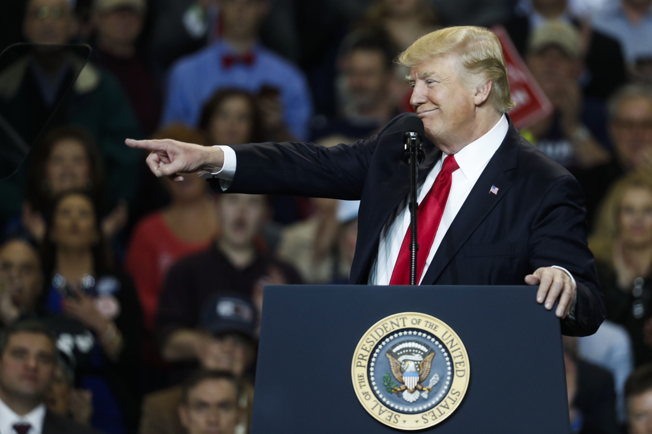 President Donald Trump points as he speaks during a rally at the Kentucky Exposition Center, Monday, March 20, 2017, in Louisville, Ky. (AP Photo/John Minchillo)