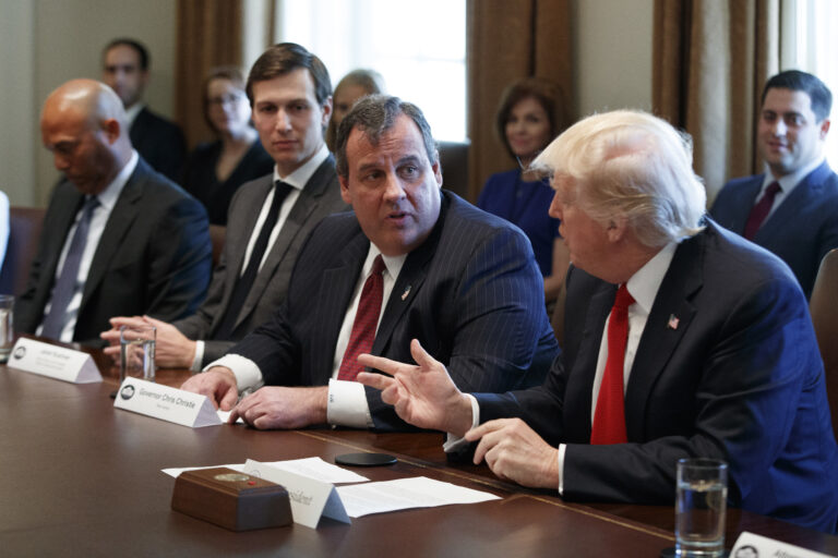 President Donald Trump speaks during an opioid and drug abuse listening session, Wednesday, March 29, 2017, in the Cabinet Room of the White House in Washington. From left are, former New York Yankees pitcher Mariano Rivera, White House senior adviser Jared Kushner, New Jersey Gov. Chris Christie and Trump. (AP Photo/Evan Vucci) (AP)