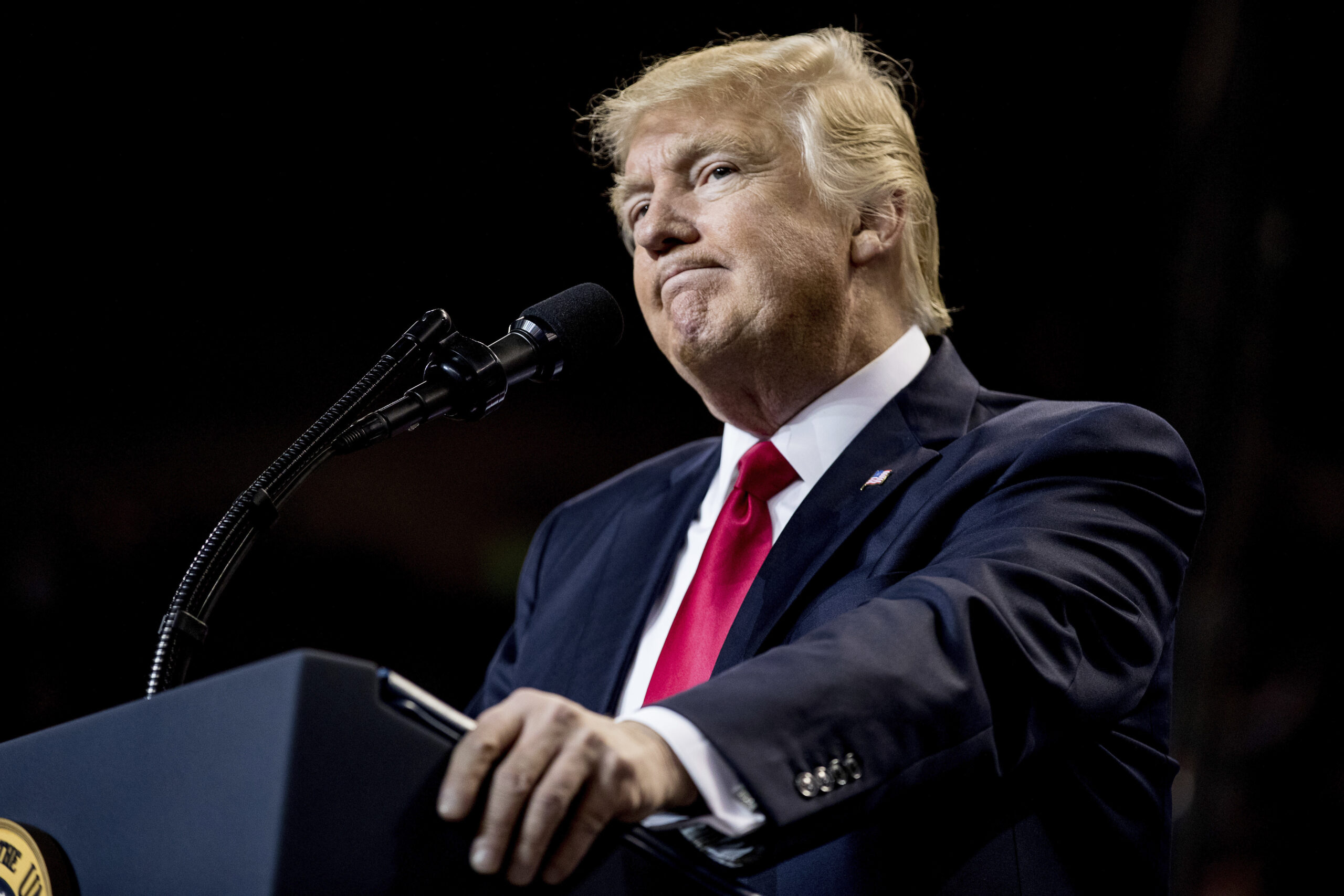 President Donald Trump pauses while speaking at a rally at the Kentucky Exposition Center in Louisville, Ky., Monday, March 20, 2017. (AP Photo/Andrew Harnik) (AP)