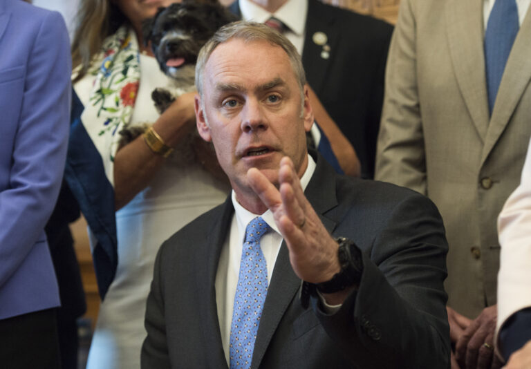 Interior Secretary Ryan Zinke speaks at the Interior Department in Washington, Wednesday, March 29, 2017.  (AP Photo/Molly Riley) (AP)